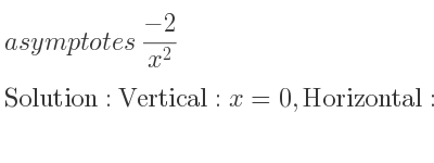 The asymptotes of (-2)/(x^2) is Vertical: x=0,Horizontal: y=0